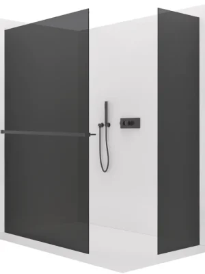 Značkový CERANO - Sprchová zástěna Walk-in Crystal T L/P - 8 mm - bezvzpěrový systém + polička/držák na ručníky - černá matná, grafitové sklo - 110x50x200 cm