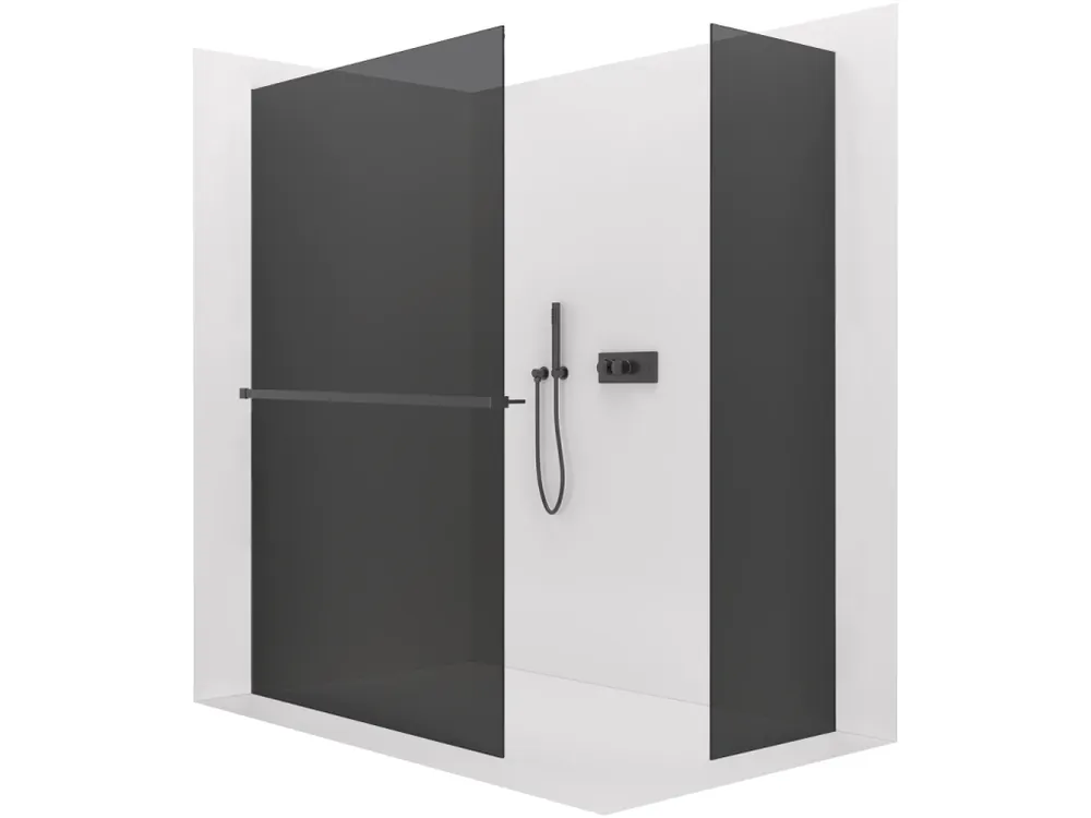 Značkový CERANO - Sprchová zástěna Walk-in Crystal T L/P - 8 mm - bezvzpěrový systém + polička/držák na ručníky - černá matná, grafitové sklo - 110x50x200 cm