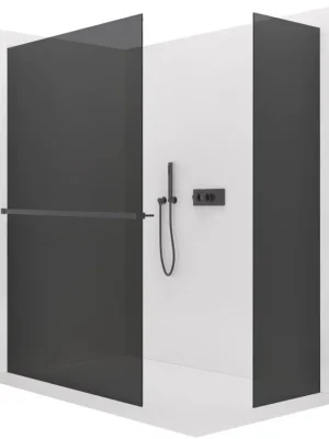 Značkový CERANO - Sprchová zástěna Walk-in Crystal T L/P - 8 mm - bezvzpěrový systém + polička/držák na ručníky - černá matná, grafitové sklo - 130x80x200 cm
