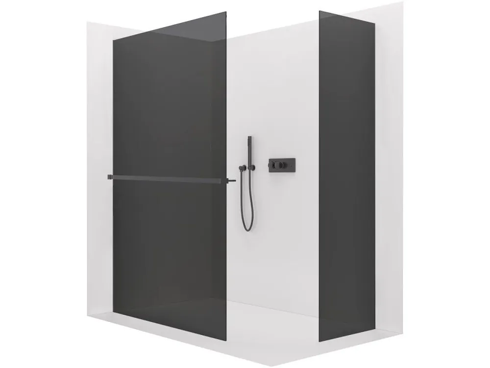 Značkový CERANO - Sprchová zástěna Walk-in Crystal T L/P - 8 mm - bezvzpěrový systém + polička/držák na ručníky - černá matná, grafitové sklo - 130x80x200 cm