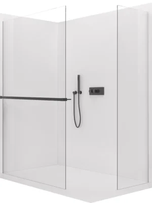 Značkový CERANO - Sprchová zástěna Walk-in Crystal T L/P - 8 mm - bezvzpěrový systém + polička/držák na ručníky - černá matná, transparentní sklo - 110x60x200 cm