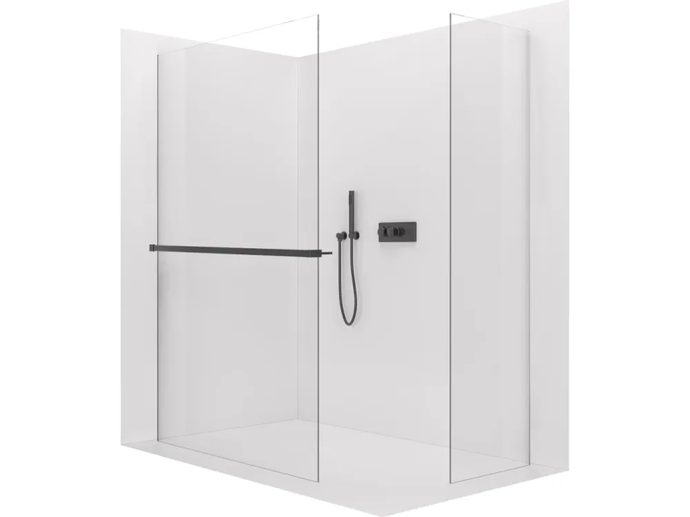 Značkový CERANO - Sprchová zástěna Walk-in Crystal T L/P - 8 mm - bezvzpěrový systém + polička/držák na ručníky - černá matná, transparentní sklo - 110x90x200 cm