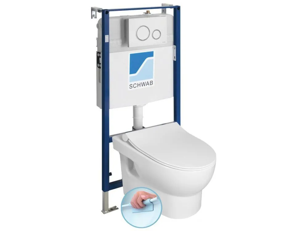 Akce ABSOLUTE závěsné WC Rimless s podomítkovou nádržkou a tlačítkem Schwab, bílá 10AB02002-SET5