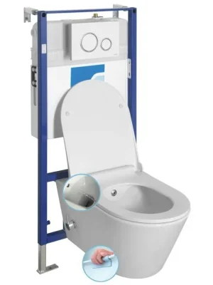 Levný Závěsné WC AVVA CLEANWASH , integr. baterie a bidet. sprška s podomítkovou nádržkou a tlačítkem Schwab, bílá 100315-SET5