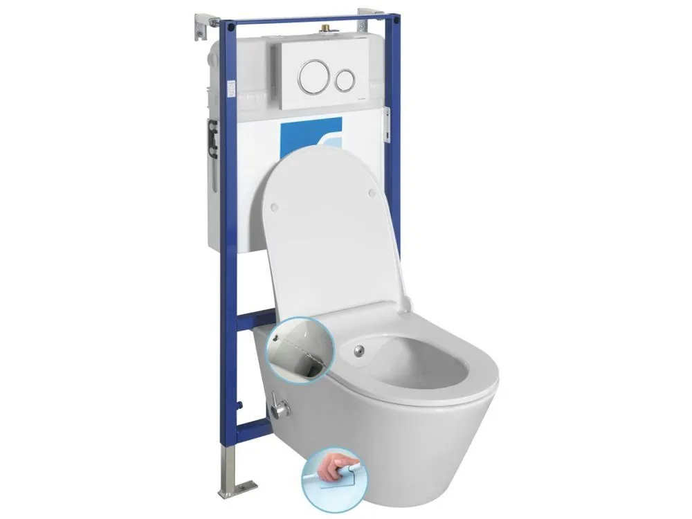 Levný Závěsné WC AVVA CLEANWASH , integr. baterie a bidet. sprška s podomítkovou nádržkou a tlačítkem Schwab, bílá 100315-SET5