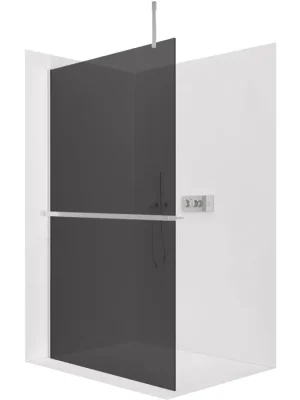 Značkový CERANO - Sprchová zástěna Walk-in Onyx Top Cube L/P - 8 mm - hranatá vzpěra + polička/držák na ručníky - chrom, grafitové sklo - 90x200 cm