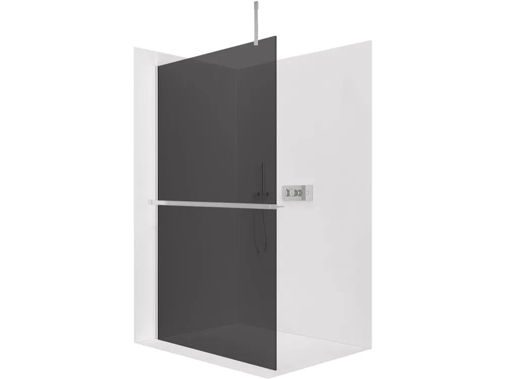 Značkový CERANO - Sprchová zástěna Walk-in Onyx Top Cube L/P - 8 mm - hranatá vzpěra + polička/držák na ručníky - chrom, grafitové sklo - 90x200 cm