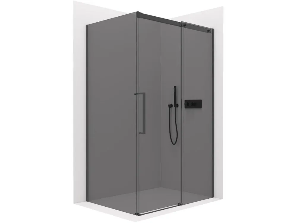 Značkový CERANO - Sprchový kout Lantono L/P - 8 mm - Soft-Close - černá matná, grafitové sklo - 150x100x195 cm - posuvný