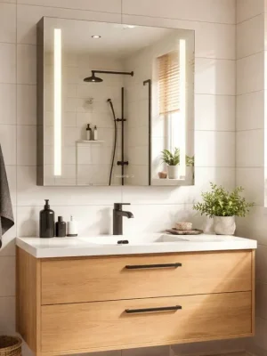 Levný Zrcadlová galerka Elisa 70x60 cm | LED osvětlení, hodiny a zásuvka