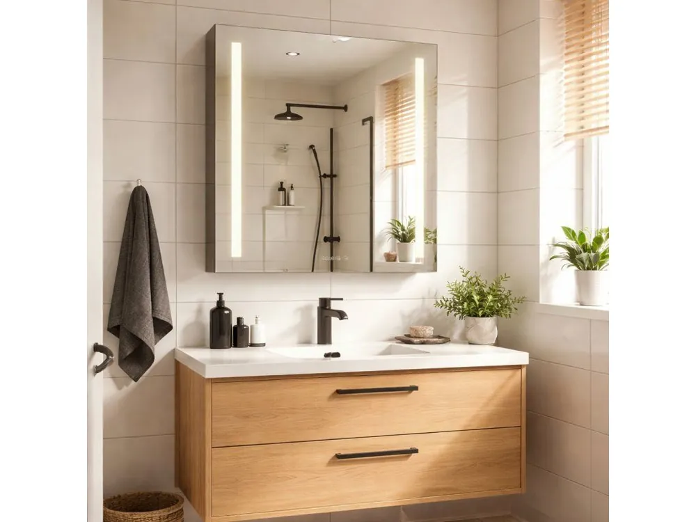 Levný Zrcadlová galerka Elisa 70x60 cm | LED osvětlení, hodiny a zásuvka