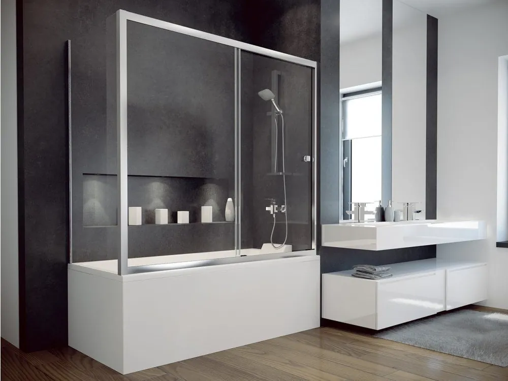 Nová Kolekce Vanová zástěna DUO SLIDE II, 170, 150, Univerzální Levé / Pravé, Čiré bezpečnostní sklo - 6 mm, Hliník leštěný