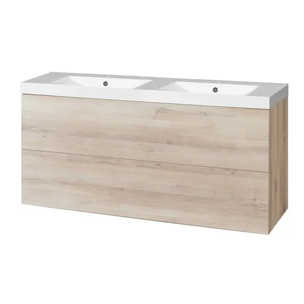 Značkový Mereo Aira Koupelnová skříňka s dvojumyvadlem z litého mramoru 121cm dub - CN723M